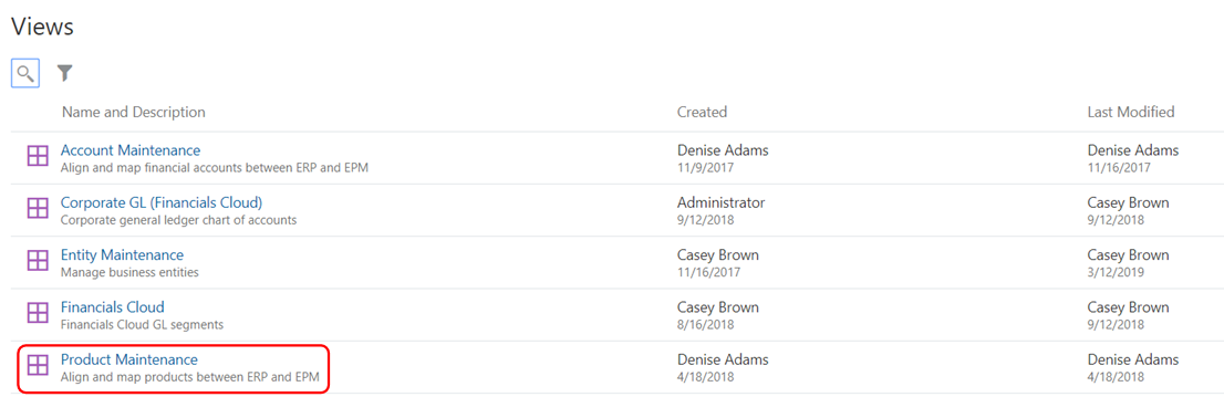 screenshot shows views page with Product Maintenance highlighted