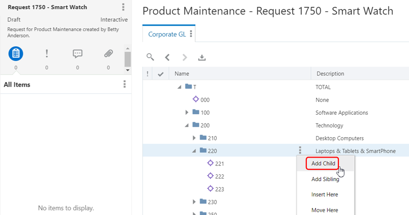 screenshot shows Product hierarchy with node 220 highlighted and Add Child menu item