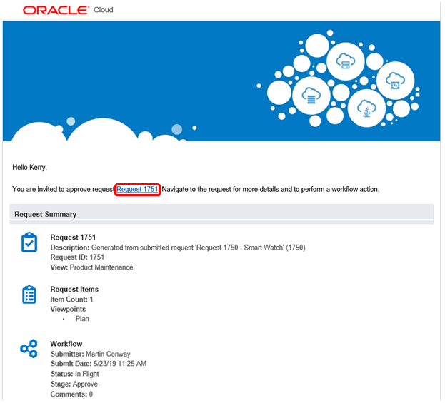 screenshot shows email notification with link to navigate to the request