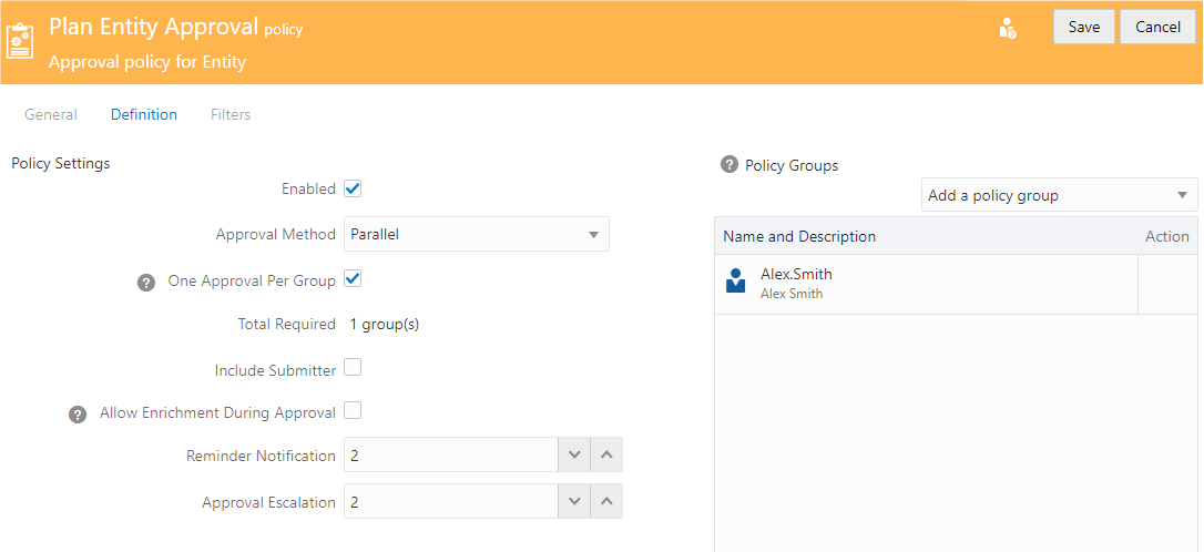 screenshot shows an approval policy definition in the approval policy tab