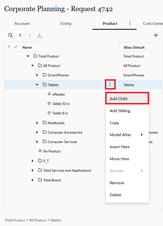 Enterprise Data Management Cloud request adding a child