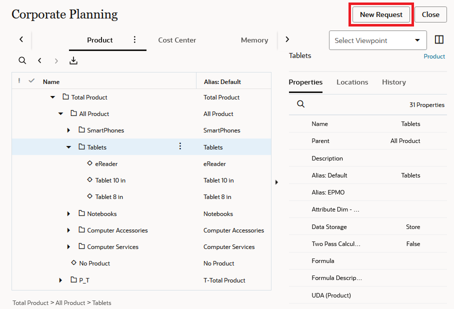 Enterprise Data Management Cloud Product viewpoint with hierarchy expanded and New Request button highlighted