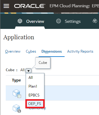 Planning Application Dimensions tab, selecting a cube