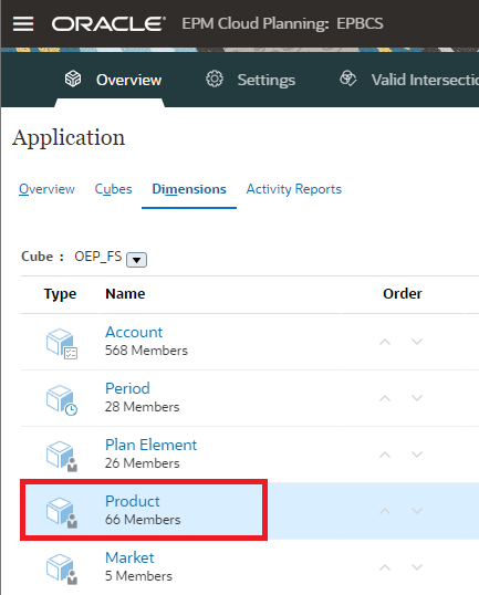 Planning Application Dimensions tab, selecting the Product dimension