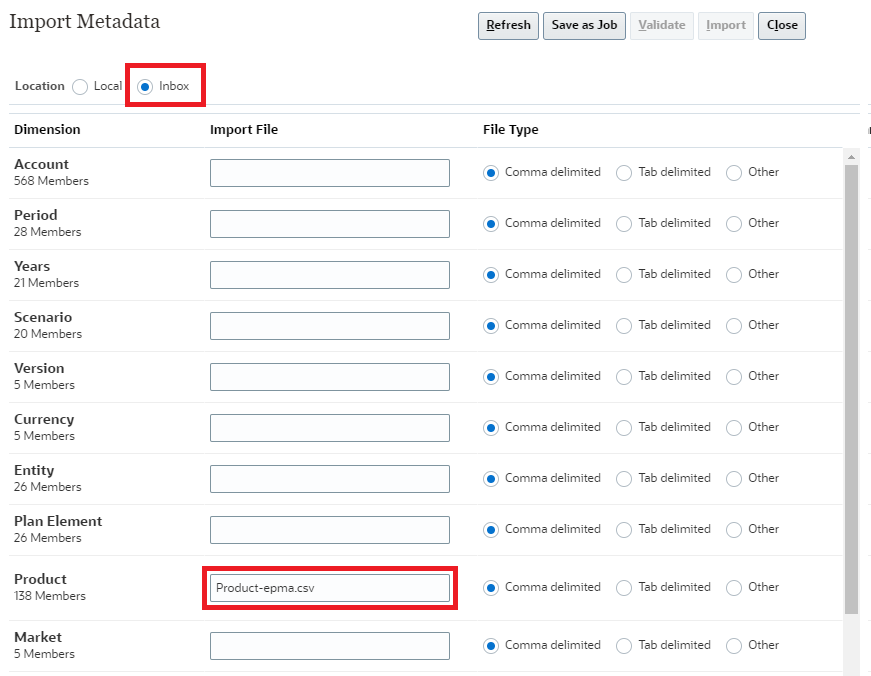 Planning Import Metadata dialog box with the Product dimension row highlighted