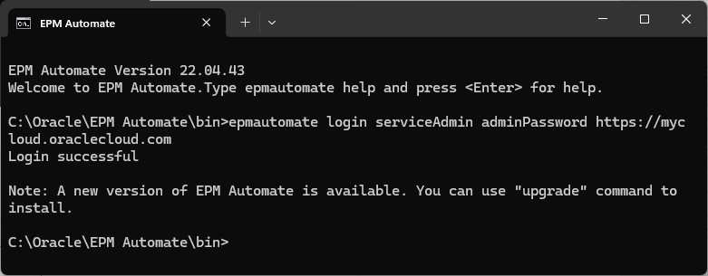 EPM Automate logged in to Planning