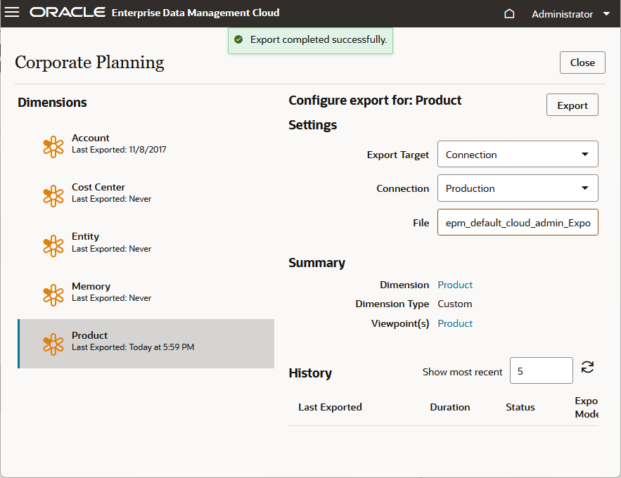 Enterprise Data Management Cloud export Product completed successfully