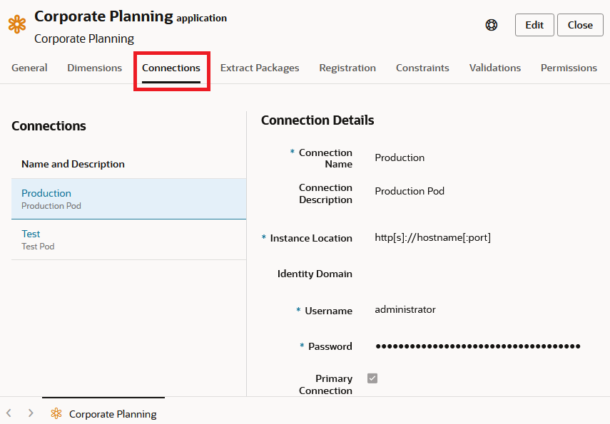 Enterprise Data Management Cloud Corporate Planning application inspector Connection tab