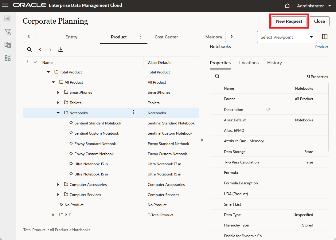 Enterprise Data Management Cloud Product viewpoint with hierarchy expanded and New Request button highlighted