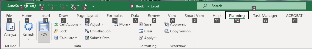 The Excel ribbon tab with just one extension enabled, shows the keyboard shortcuts to access the Smart View ribbon, along with Task Manager. In this case, the Smart View ribbon shortcut is S, and Task Manager is Y2 (instead of Y3 as in the previous exampletbd