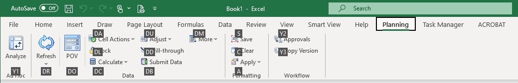 Planning ribbon displaying keyboard shortcuts, such as DC for Calculate, and DD for Drill-through Planning ribbon displaying keyboard shortcuts, such as DC for Calculate, and DD for Drill-through