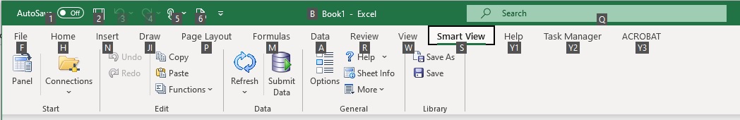 The Excel ribbon tab with just one extension enabled, shows the keyboard shortcuts to access the Smart View ribbon, along with theTask Manager extension. In this case, the Smart View ribbon shortcut is Alt+S, and Task Manager shortcut is Alt+Y2.