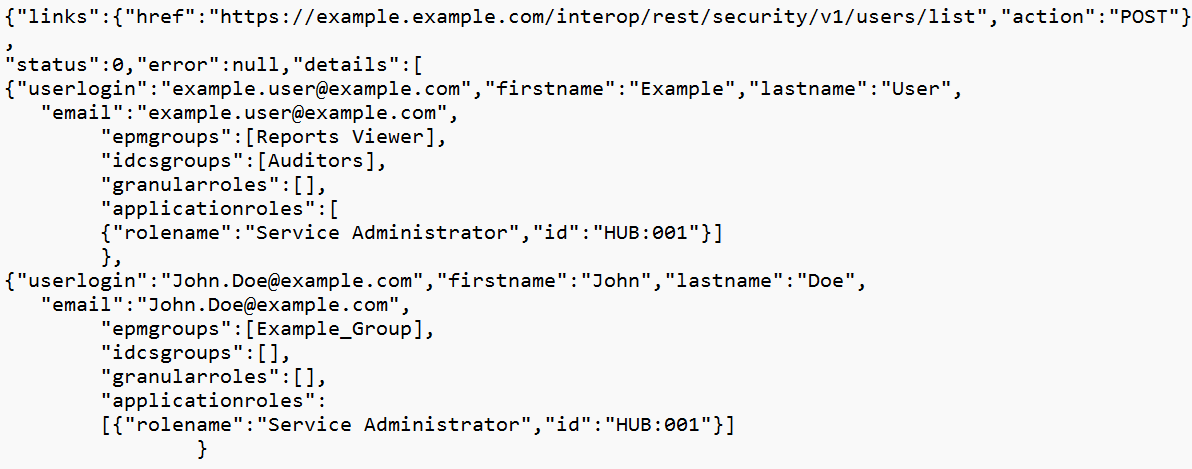 Sample List Users JSON Formatted Report that does not include indirect role assignments