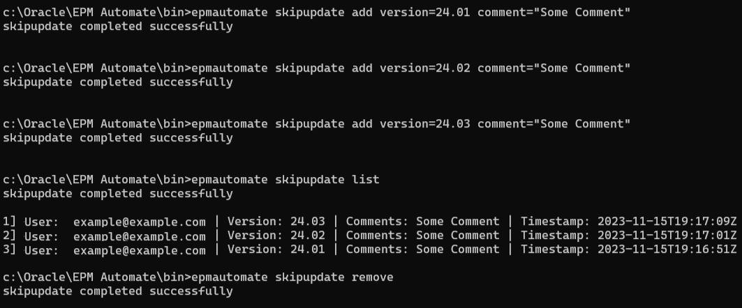 Sample list of skip update requests in an environment