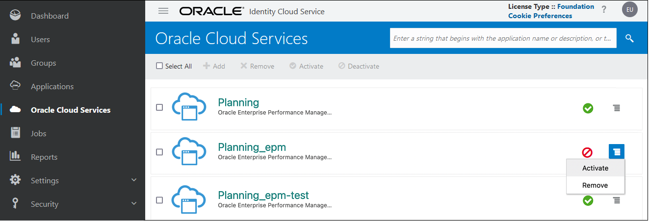 Activate option for a deactivated EPM Cloud environment