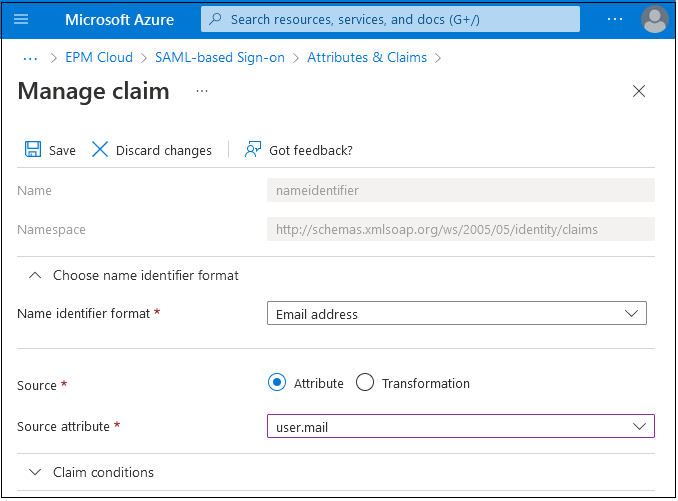 Sample Manage Claim settings to enable SSO
