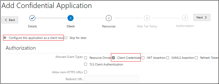 Screen to add client authorization details for confidential application