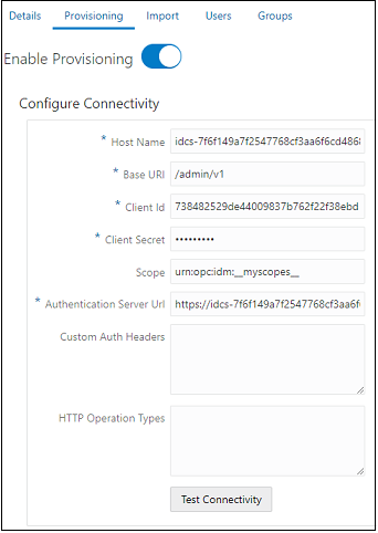 Screen to configure connectivity settings