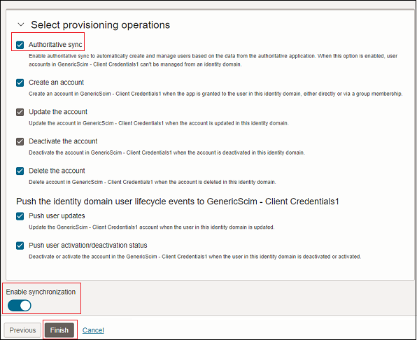 Screen to enable synchronization for Oracle Identity Domain application