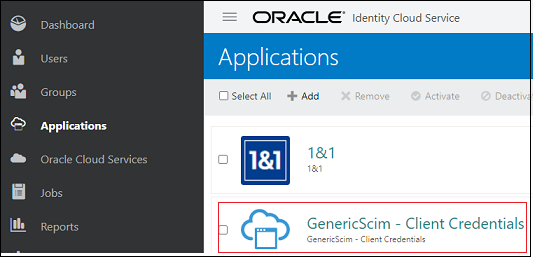 Screen to select GenericScim- Client Credentials application