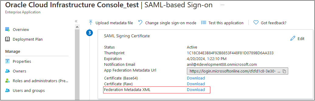 Basic SAML Configuration Settings for Oracle Cloud Infrastructure Console Enterprise Application