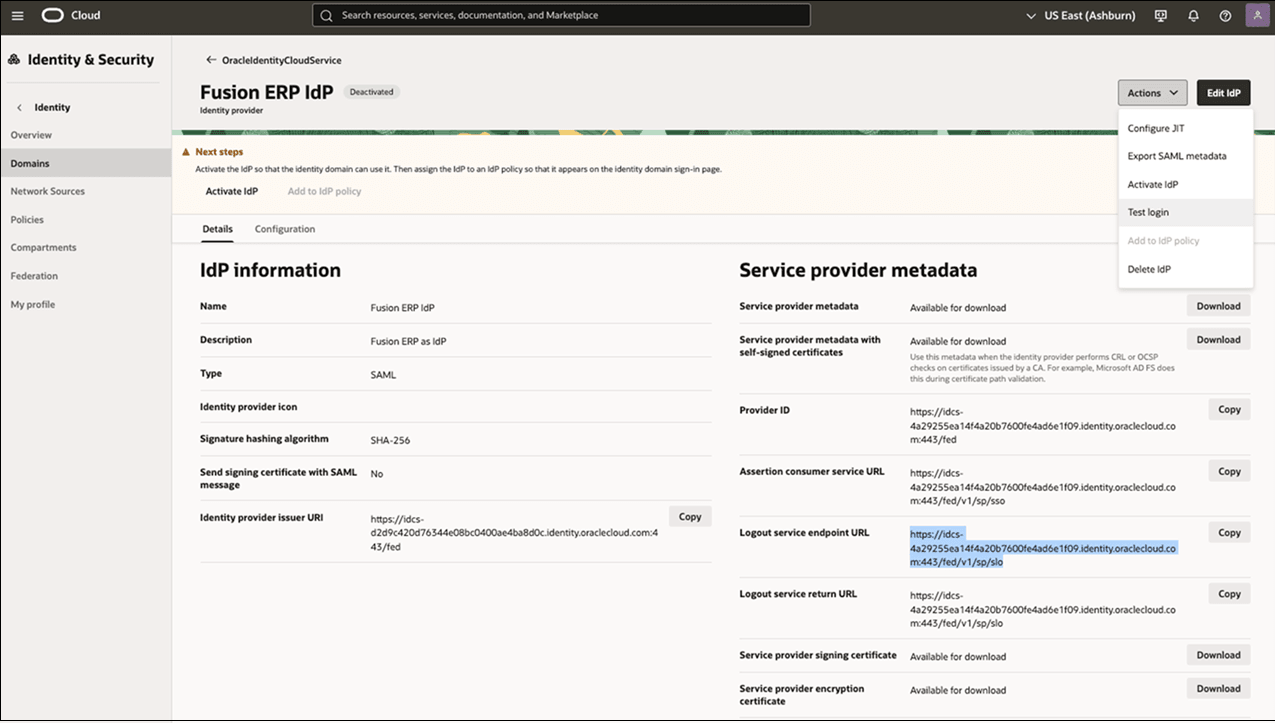 Fusion ERP IdP screen Fusion ERP IdP screen