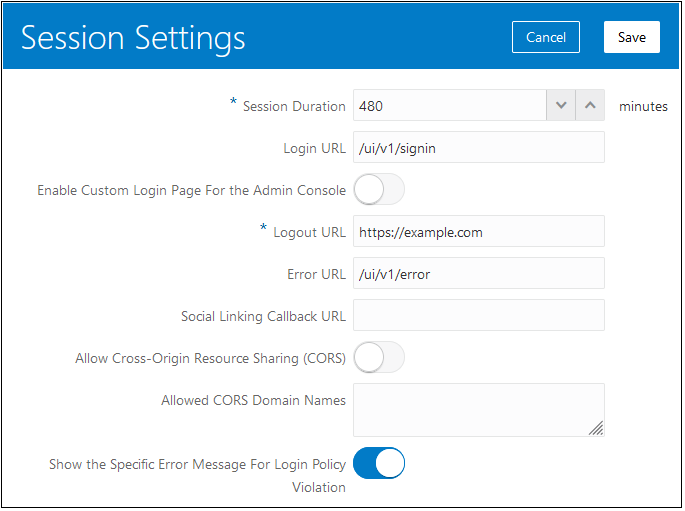 Session Settings screen in Oracle Cloud Identity Console