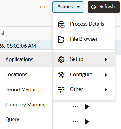 Image shows options on the Setup Actions drop-down.