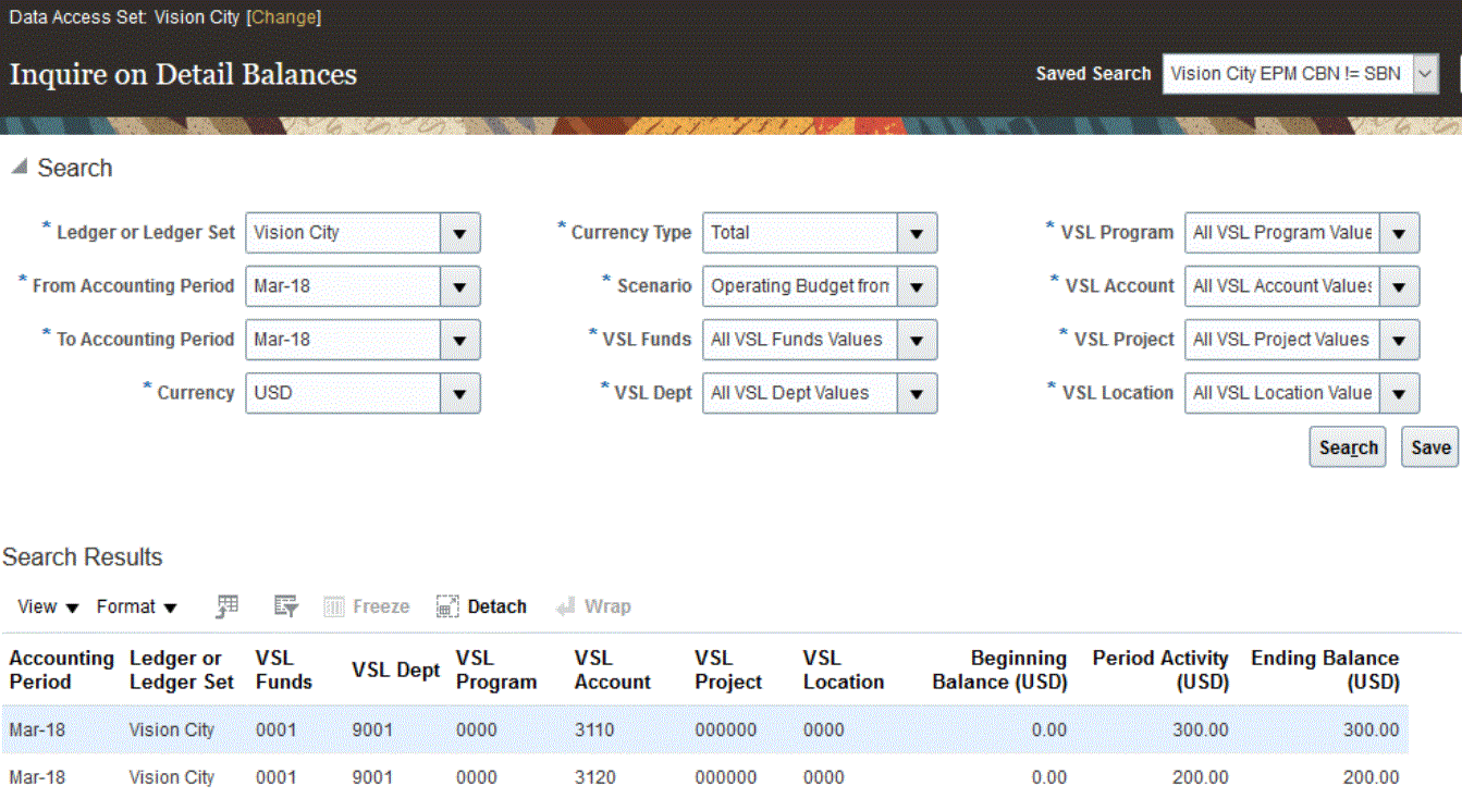 Image shows Inquire on Detail Balances page