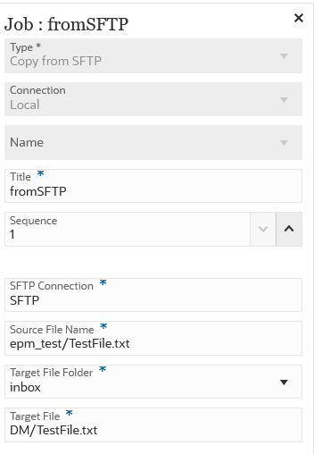 Image shows sample Copy from SFTP job parameters.