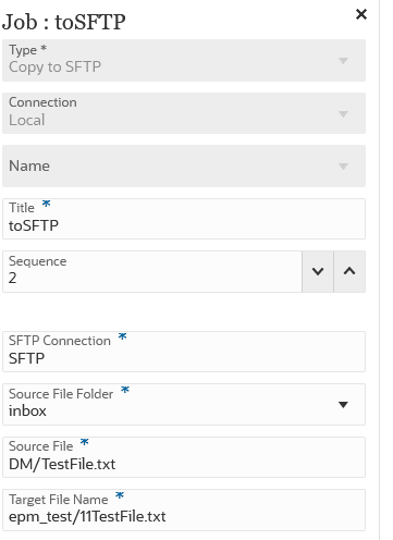 Image shows parameters for a Copy to SFTP job type.
