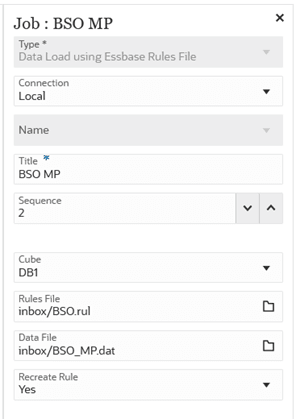 Image shows Data Load Essbase Rules File Job Type Parameters