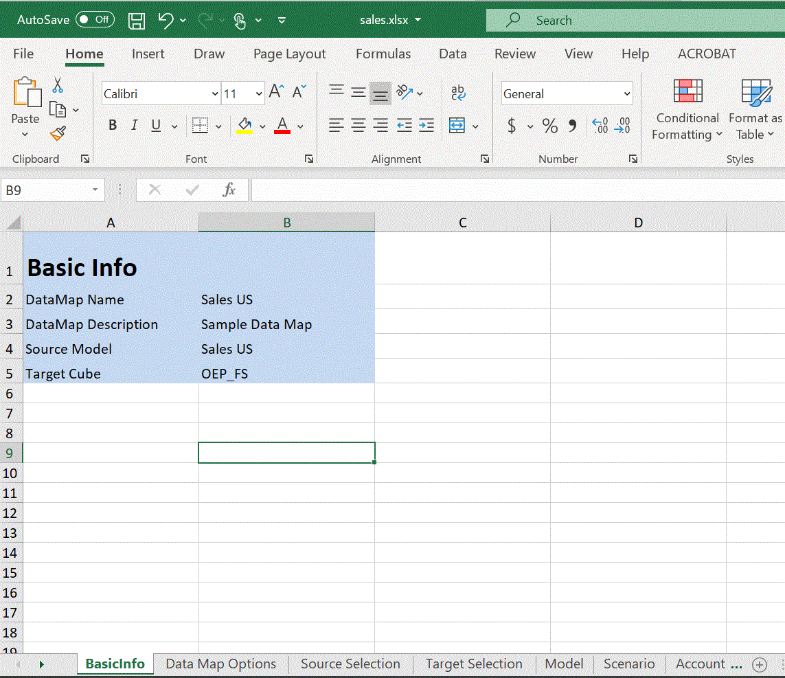 Image shows an exported Data Map in Excel.