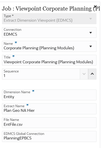 Image shows a Extract Dimension Viewpoint (EDMCS) job type.