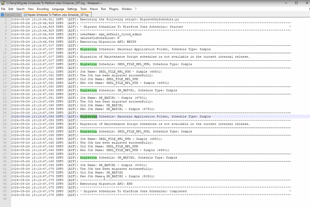 Image shows log of migrated schedules.