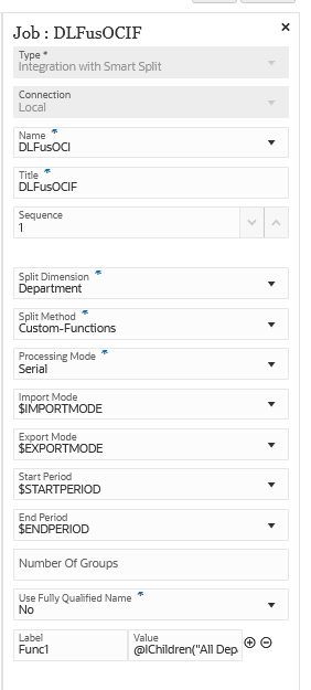 Integrations Smart Split job type for Split Dimension on "Department" and the Split Method is "Custom-Functions."