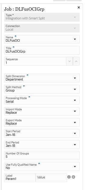 Image shows Integrations Smart Split job type for Split Dimension on "Department" and the Split Method is "Group."