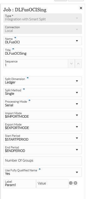 Image shows Integrations Smart Split job type for Split Dimension on "Ledger"