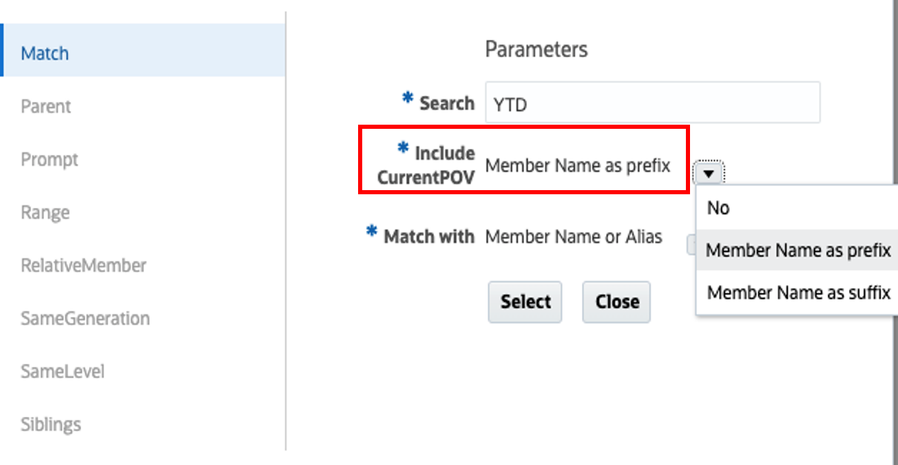 setting the Match function parameters
