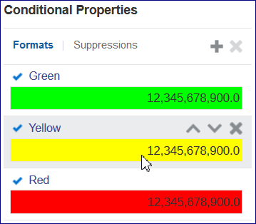 screenshot shows the conditional properties panel with the green condition listed first, then yellow, then red.