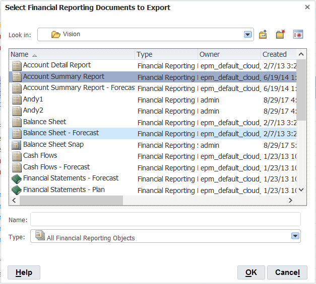 screenshot shows the export dialog box with the Account Summary and Balance Sheet - Forecast reports highlighted to export.
