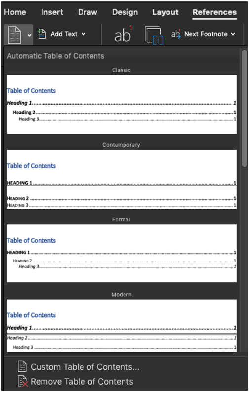 update word table of contents format