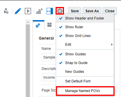 From the Report Designer, you can navigation to the Named POVs button