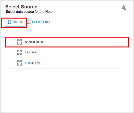 select a data source to create a new Note