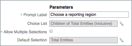 Screenshot shows a prompt with the label Choose a reporting region, Choice list of children of total entities inclusive, allow multiple selections disabled, and default selection of Total Entities.