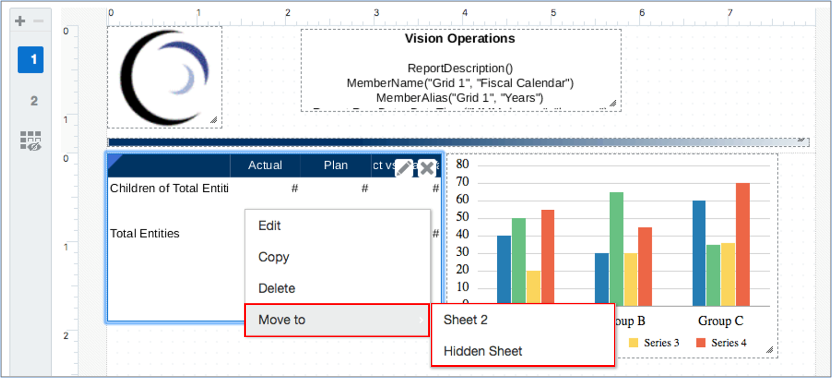 screenshot shows the right-click menu on a report object with Copy highlighted