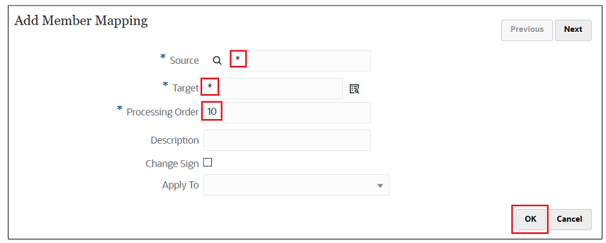 Add Member Mapping screen with * as the Source, * as the Target, and 10 as the Processing Order