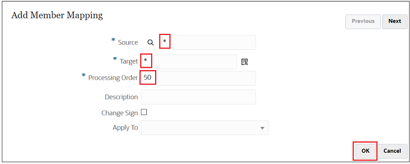 Add Member Mapping screen with * as the Source, * as the Target, and 50 as the Processing Order