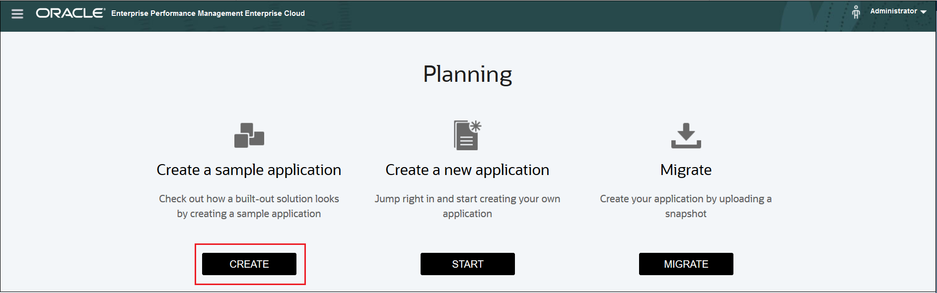 Planning screen with Create a Sample Application selected