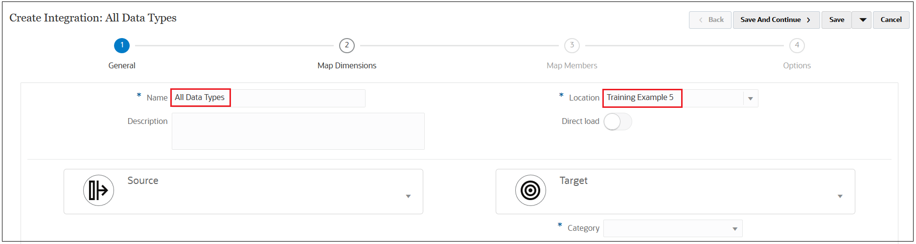 Create Integration screen with All Data Types for the name and Training Example 5 for the location